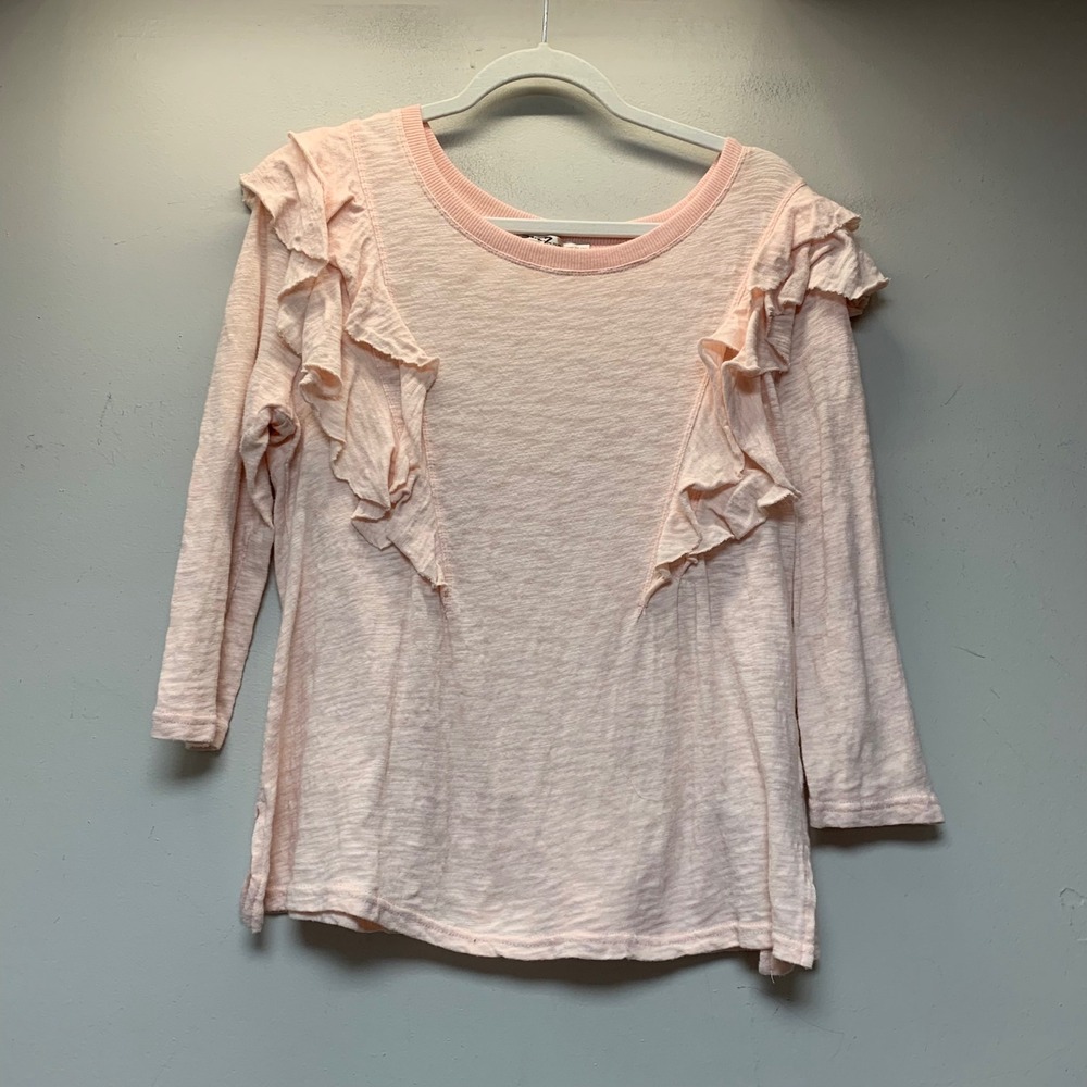 Seven7 Ruffle Top Women Large Pink Excellent Slub Knit 3/4 Sleeve Crew Neck